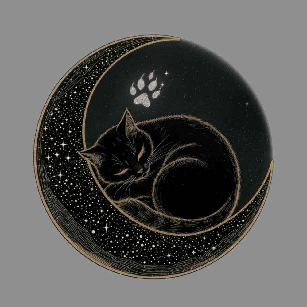 Sleeping Cat on Crescent Moon with Paw Print Design