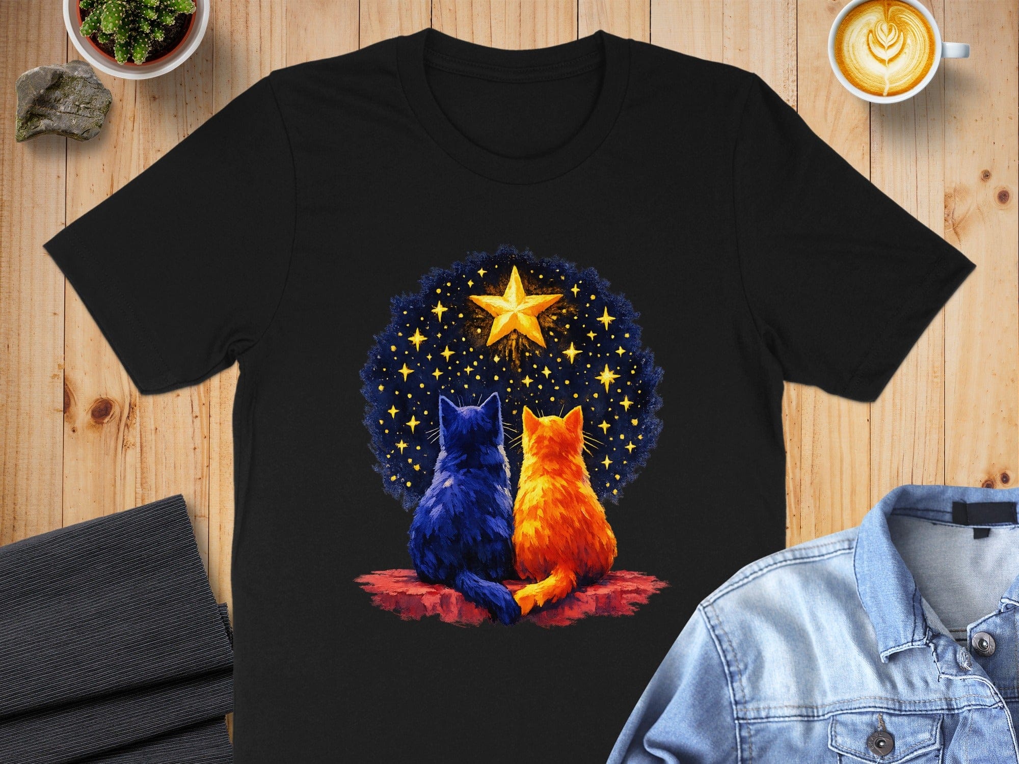 Cats Watching Starry Night Artwork T-shirt