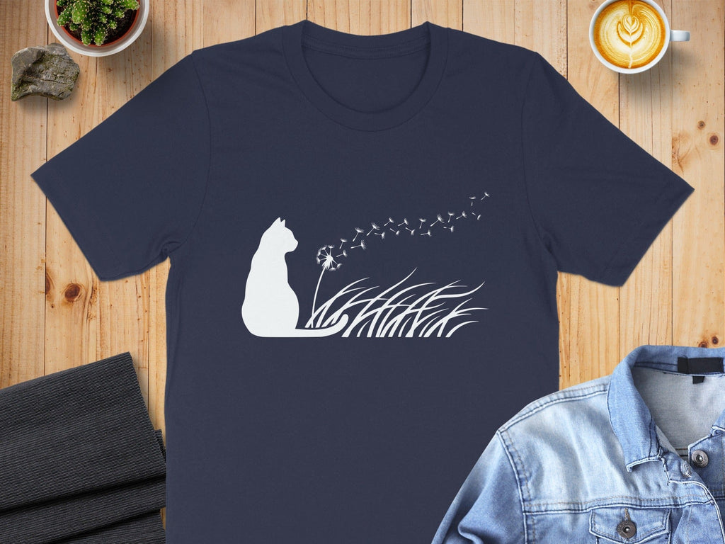 Whimsical Cat and Dandelion Design T-Shirt