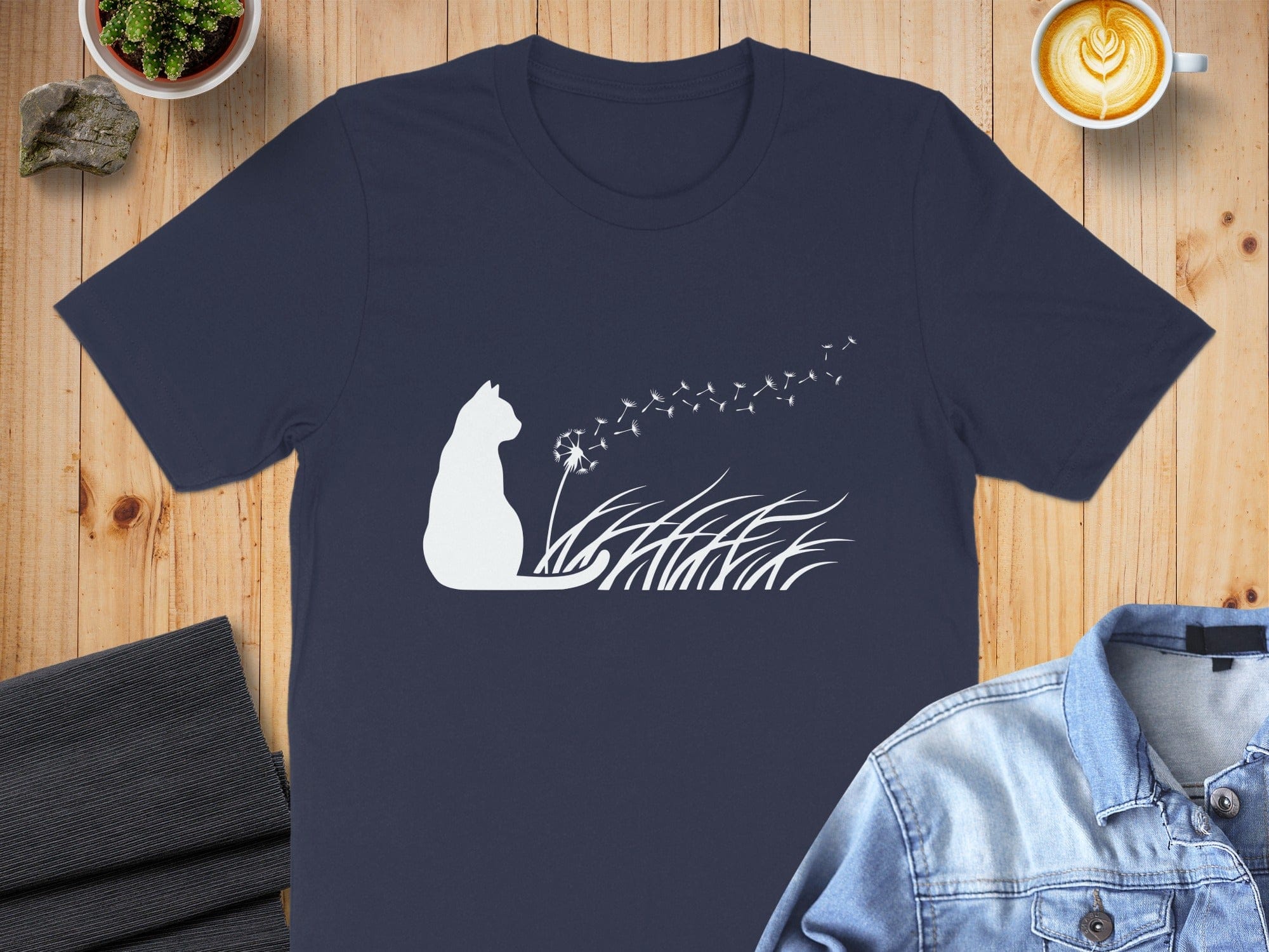 Whimsical Cat and Dandelion Design T-Shirt