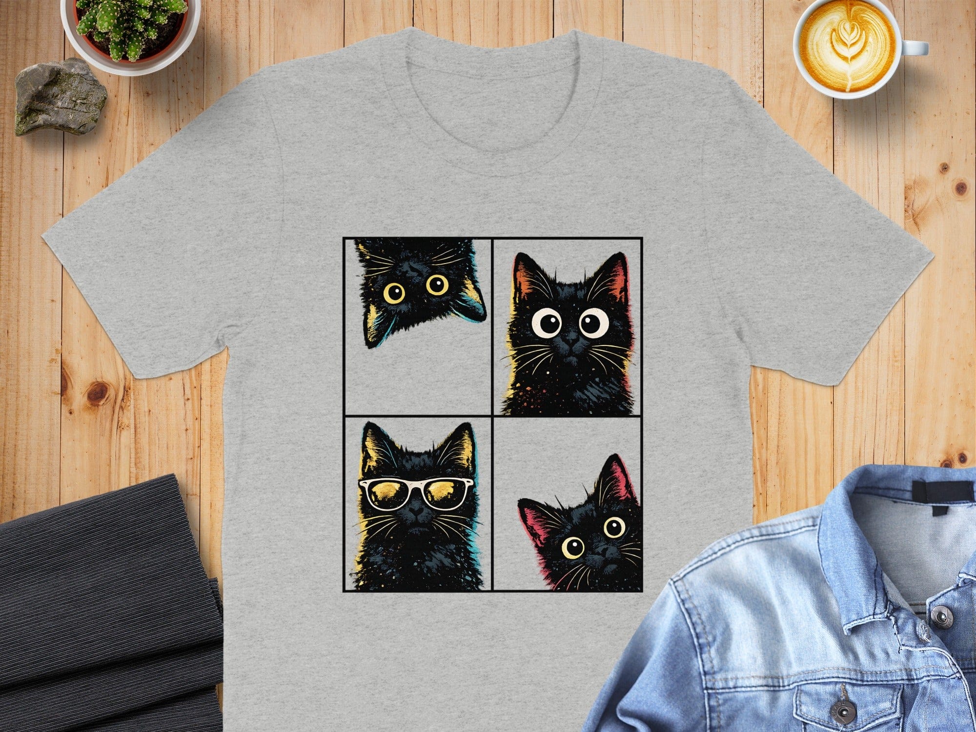 Quirky Four Cat Faces Graphic T-Shirt for Cat Lovers