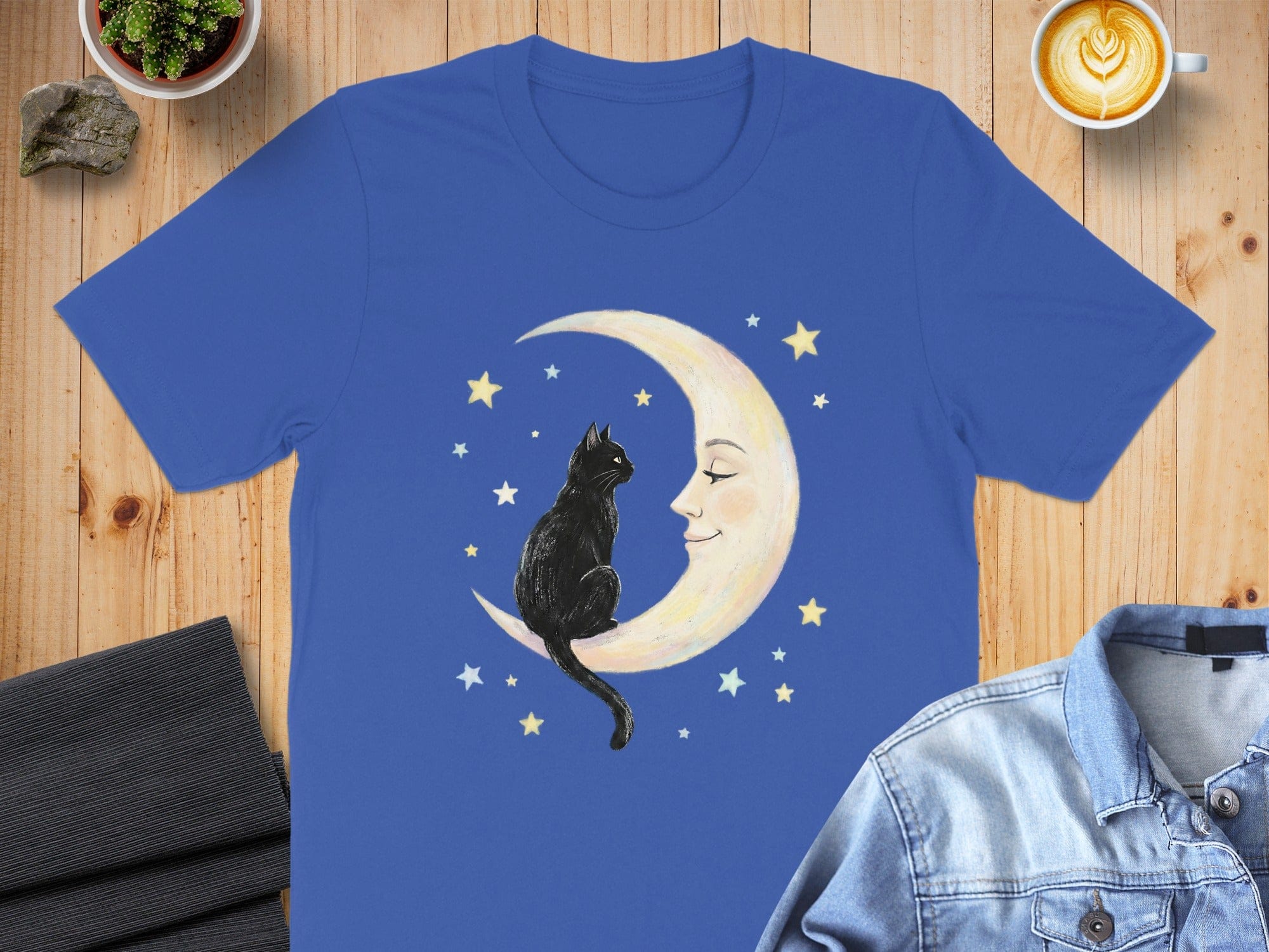Black Cat and Moon Design with Stars T-Shirt