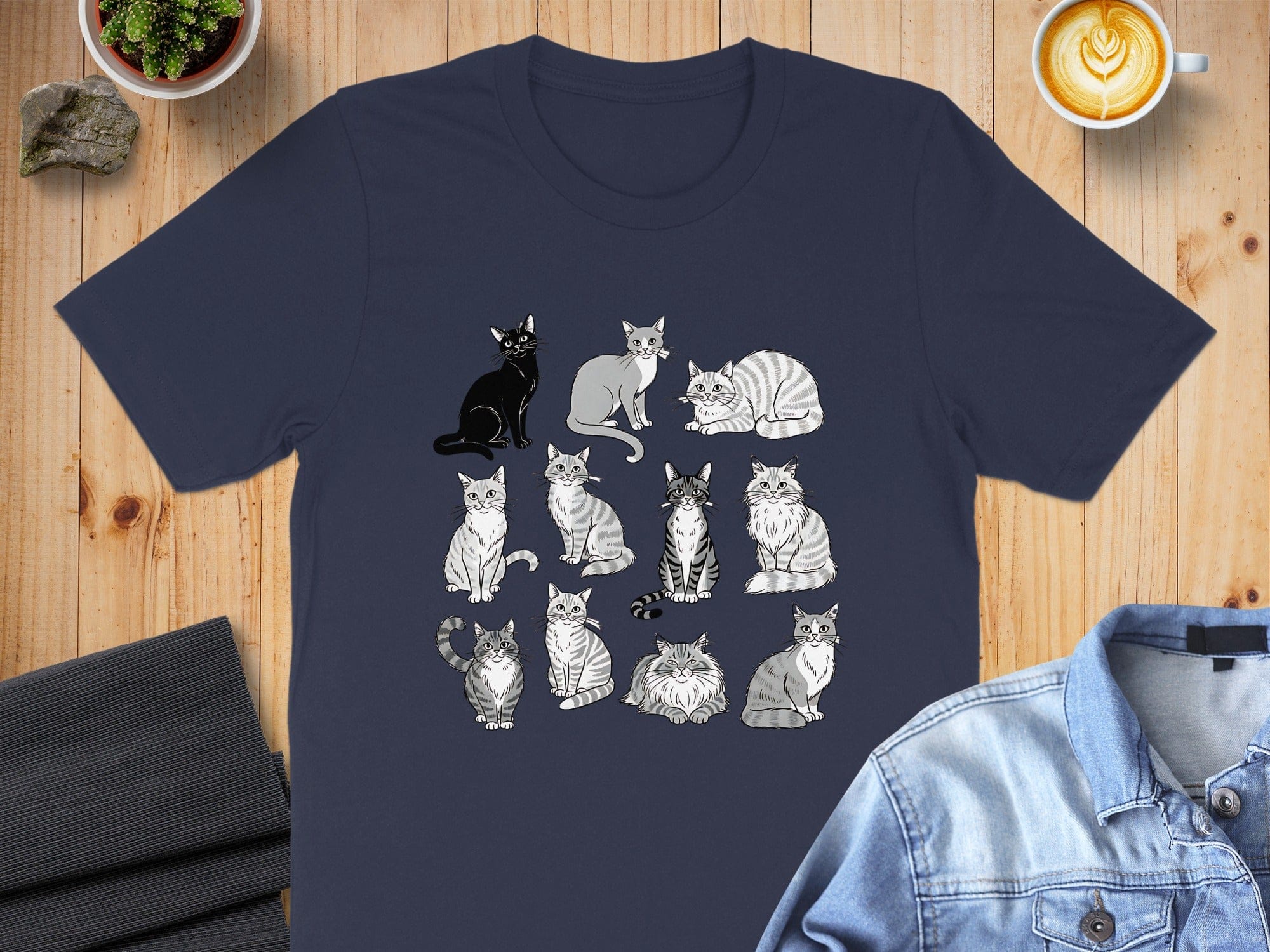 Colorful Graphic Tee with Different Cat Designs