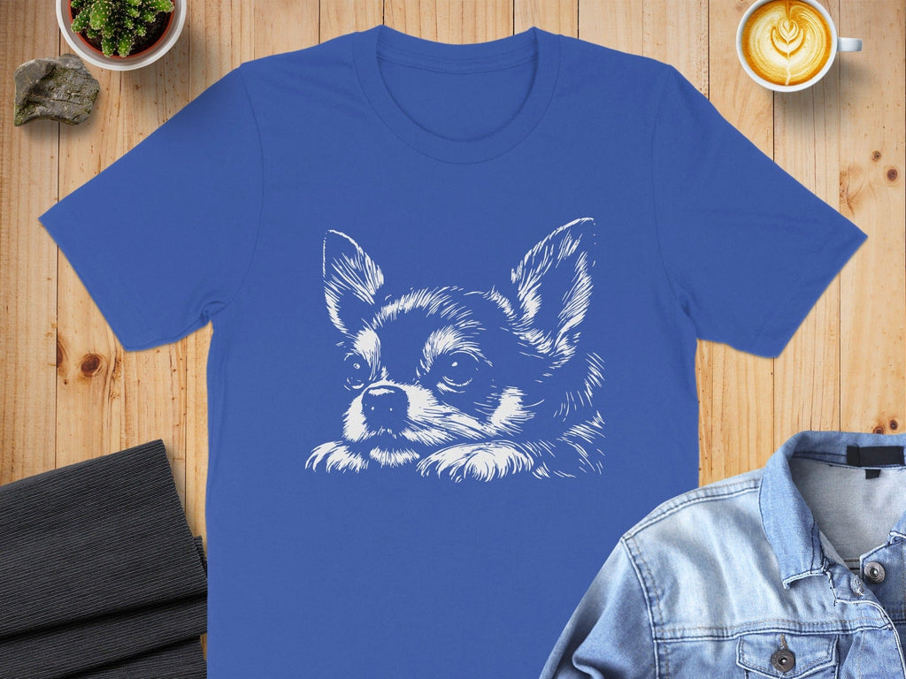 Blue T-Shirt with Detailed Sketch of Chihuahua Design