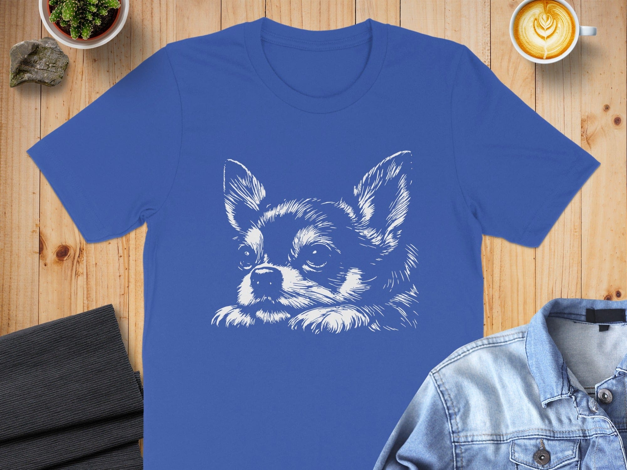 Blue T-Shirt with Detailed Sketch of Chihuahua Design