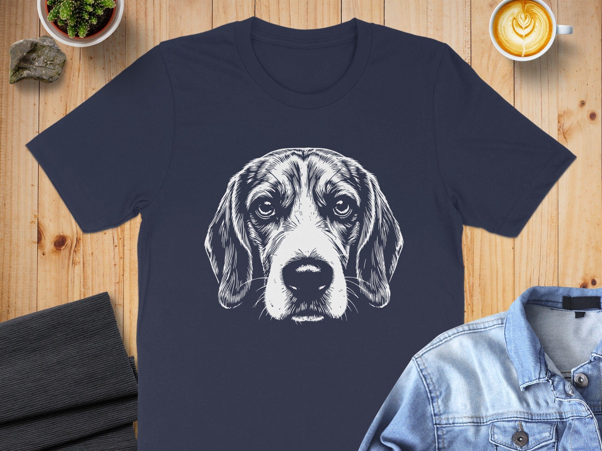 Beagle Drawing on Dark Blue Short Sleeve Shirt