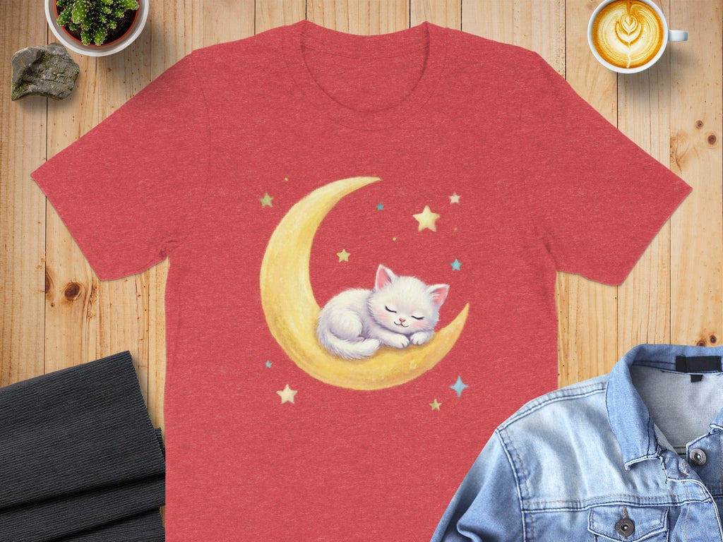 Cute Cat Sleeping on Moon and Stars Graphic T-Shirt