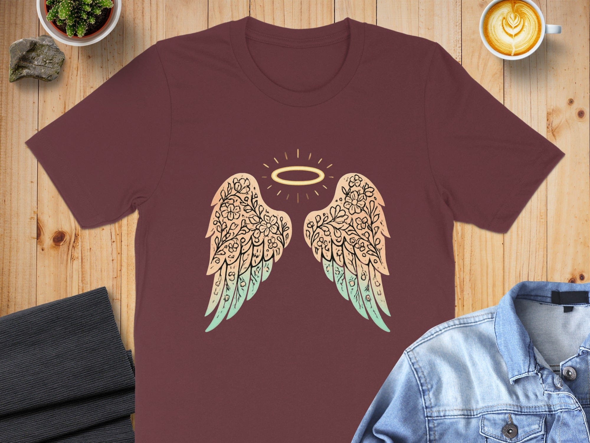 Angel Wings with Halo design on maroon t-shirt