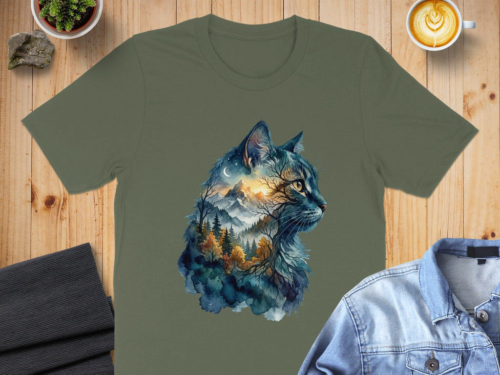 Forest Cat Design Art on Olive Green T-Shirt Product