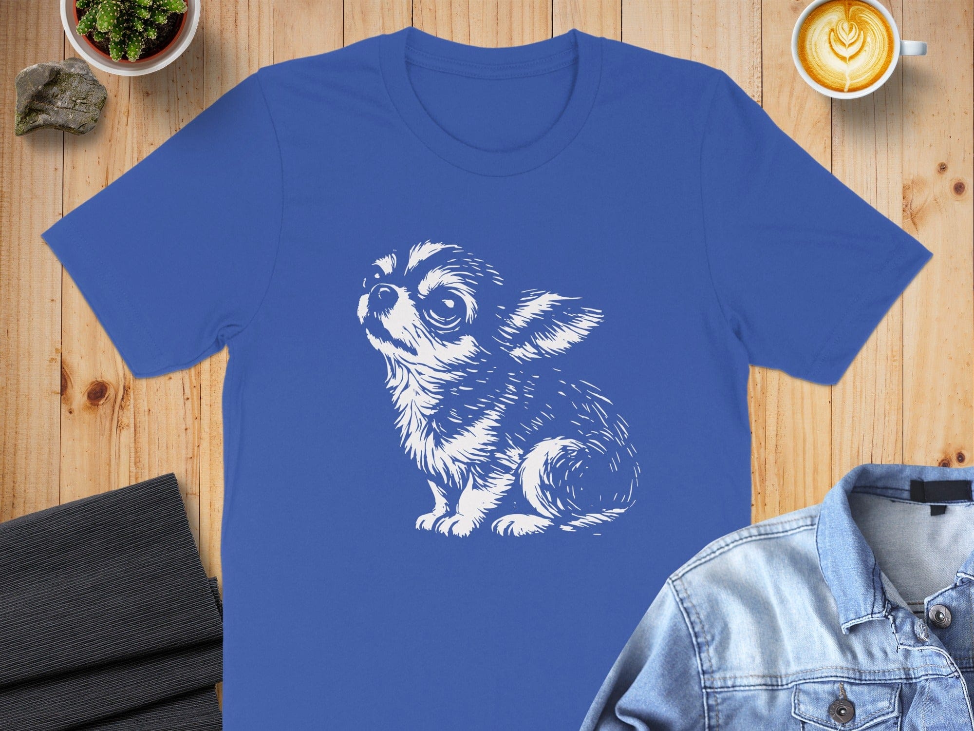 Cute Chihuahua Sketch Design on Blue T-shirt