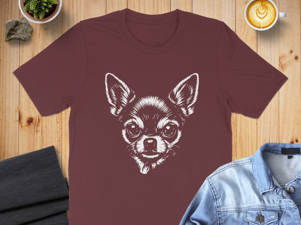 Cute Chihuahua Face Graphic on Burgundy T-Shirt Product