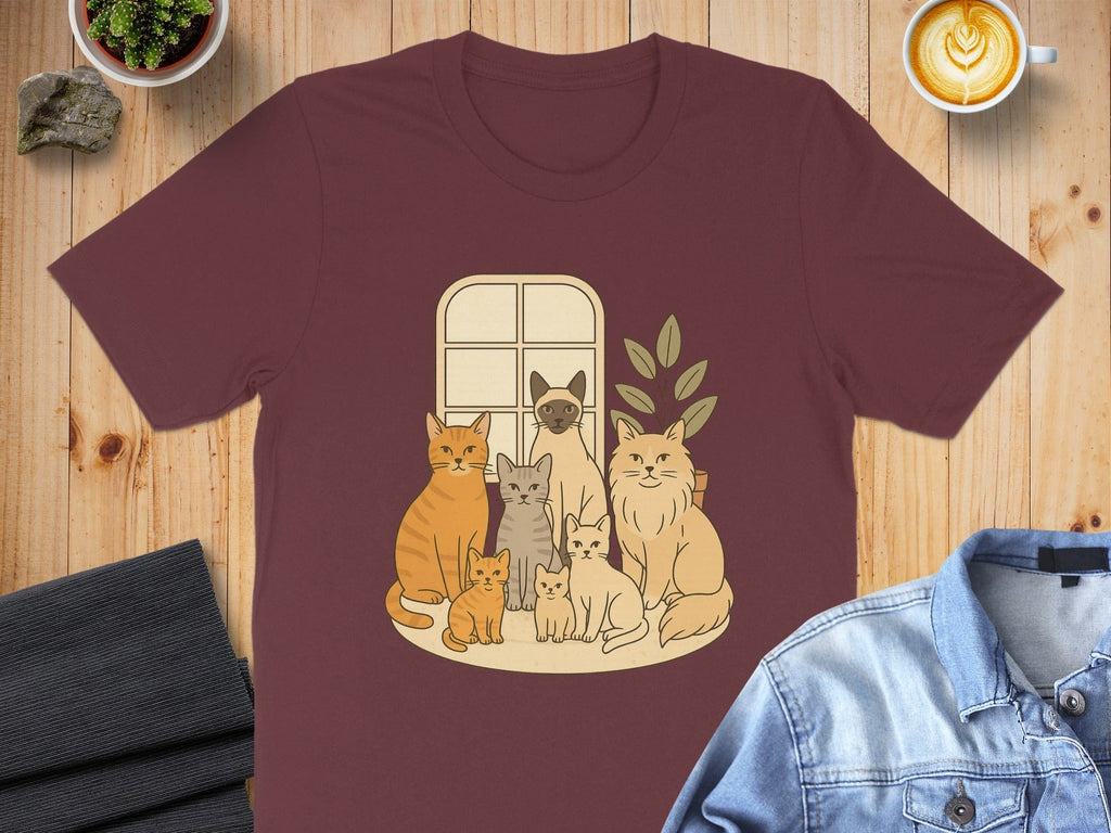 Cute Cats Group Illustration on Burgundy T-Shirt