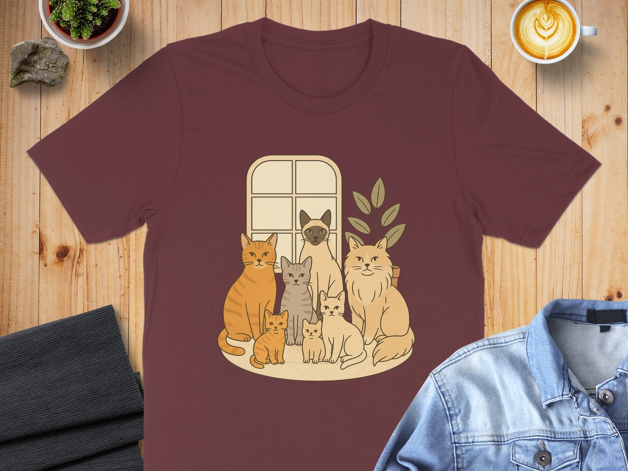 Cute Cats Group Illustration on Burgundy T-Shirt