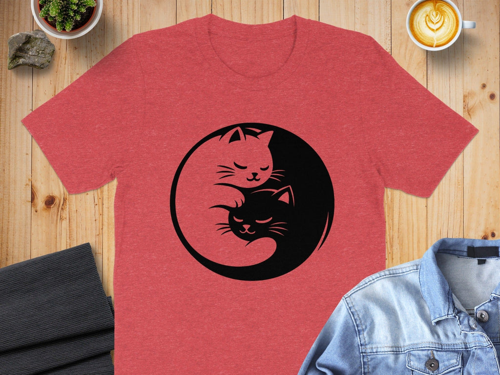 Yin Yang Cat Design on Red T-shirt for Cat Lovers