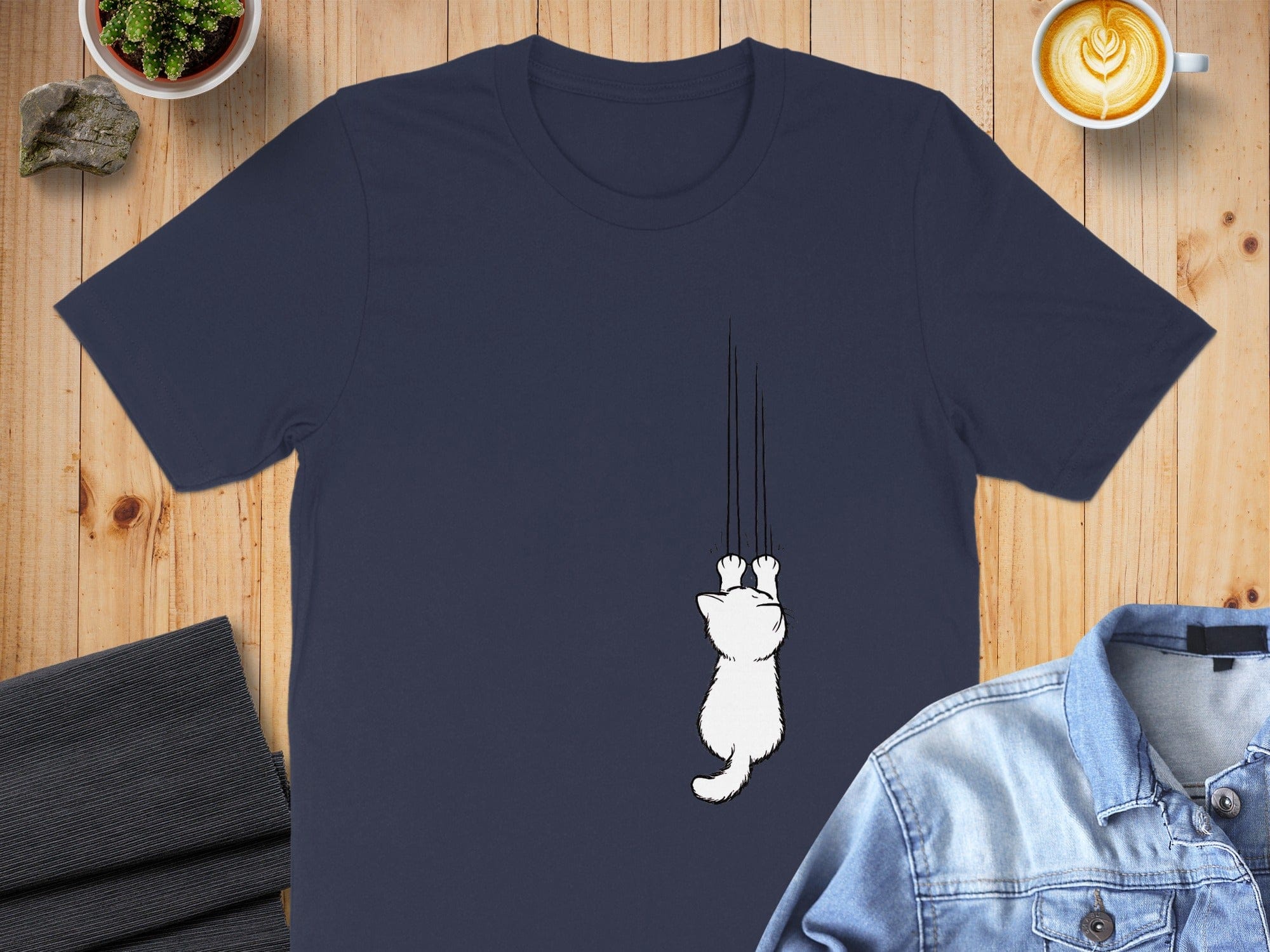 Cute Cat Hanging On Navy T-Shirt Fun Graphic Tee Product