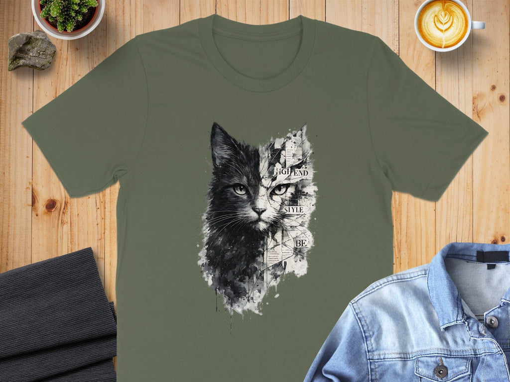 Cat Face with High End Style Text Graphic T-shirt