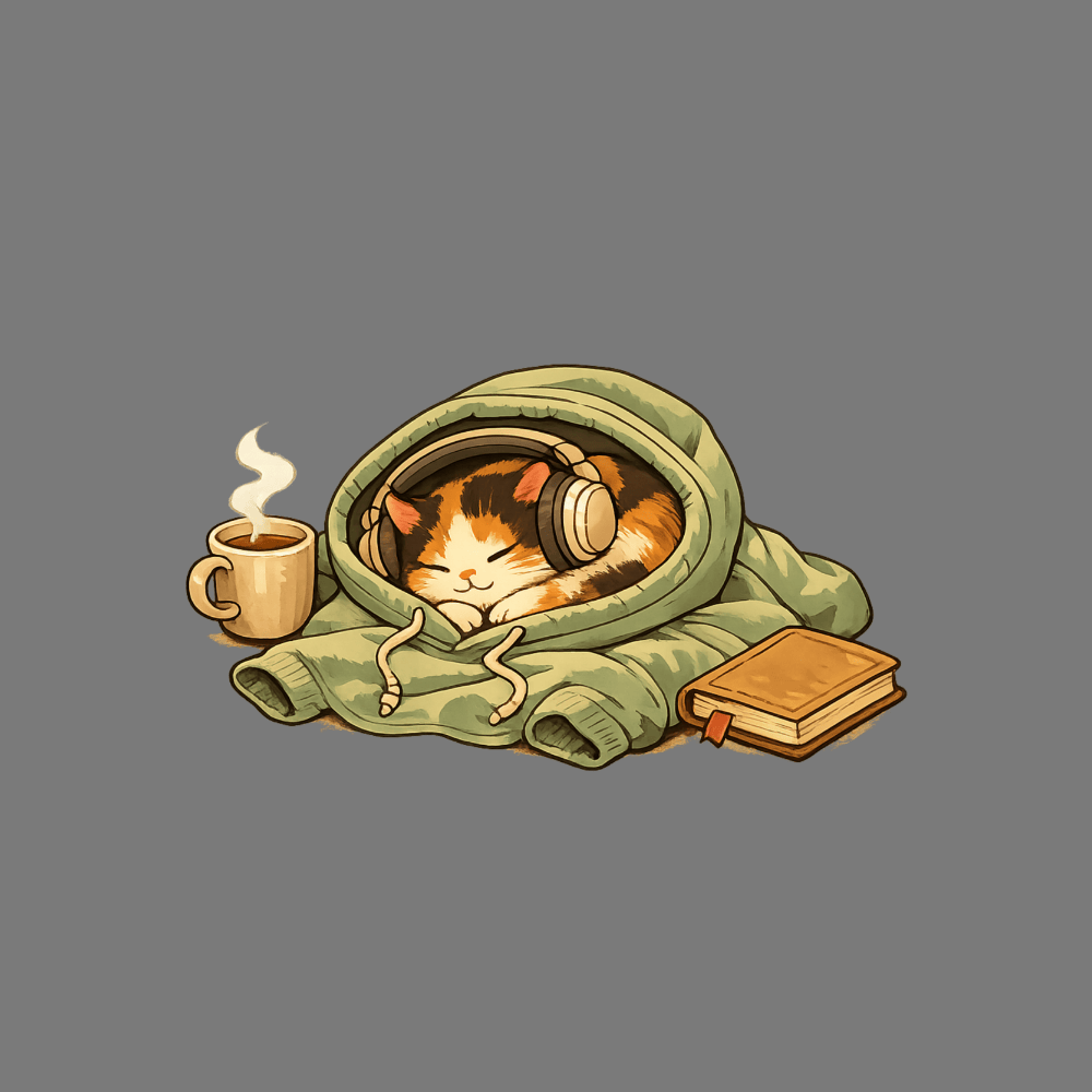 Cozy Cat with Headphones and Hot Drink Product