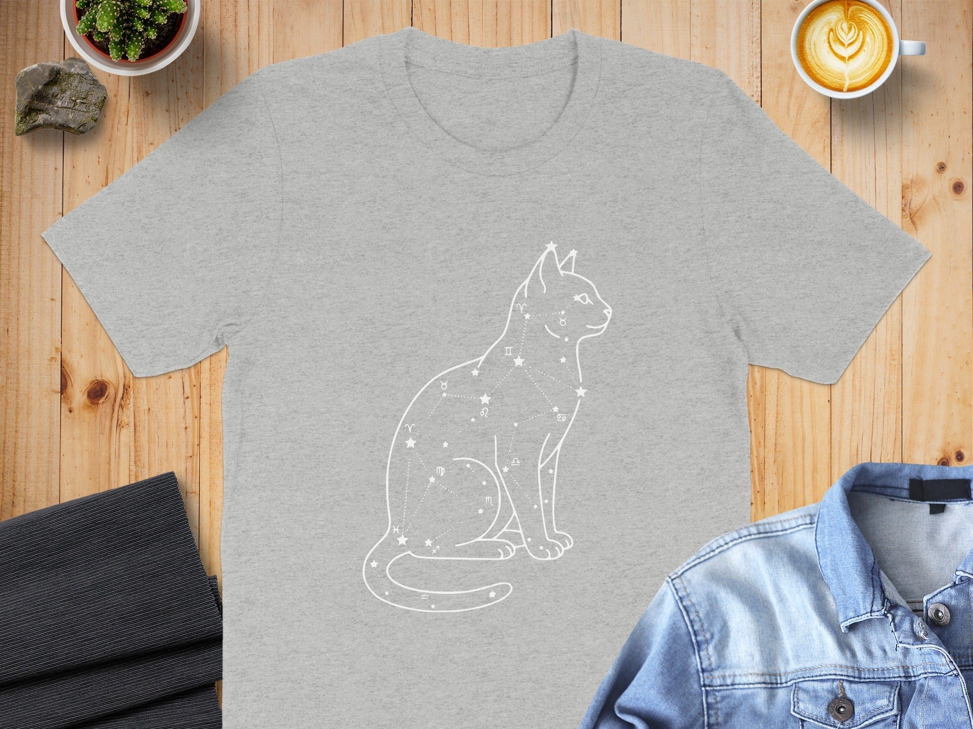 Celestial Cat Design on Gray Tee Adding Starry Elegance