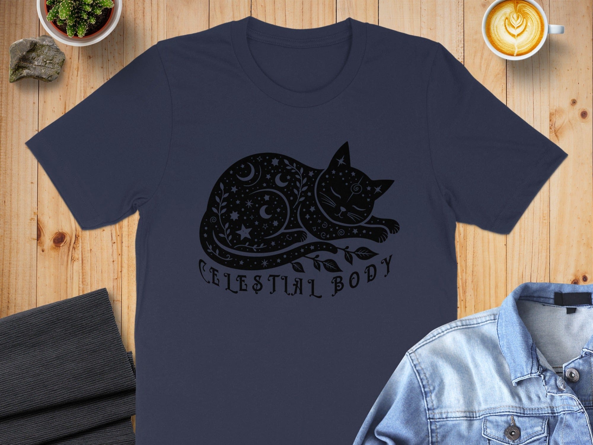 Celestial Body Cat with Moon and Stars Design Shirt