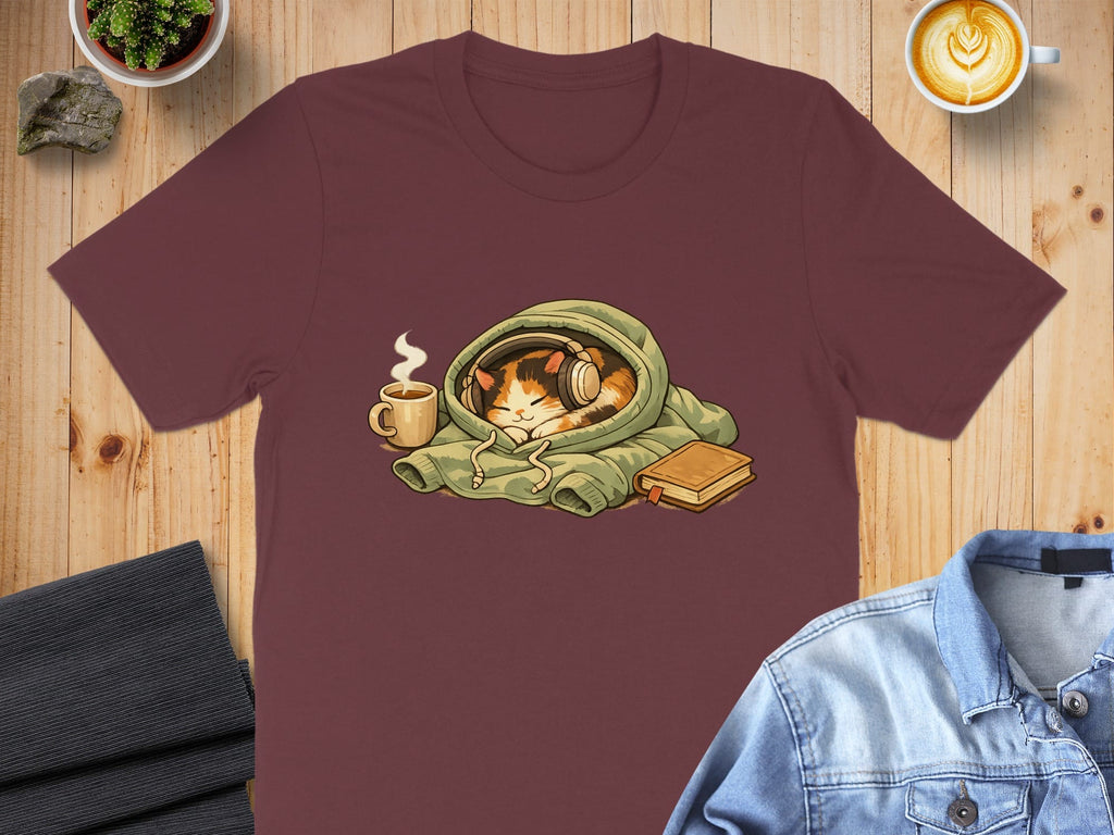 Cozy Cat with Headphones and Coffee T-Shirt Product