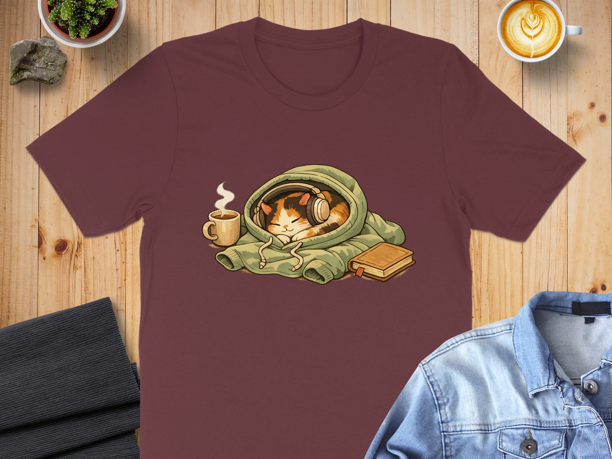 Cozy Cat with Headphones and Coffee T-Shirt Product