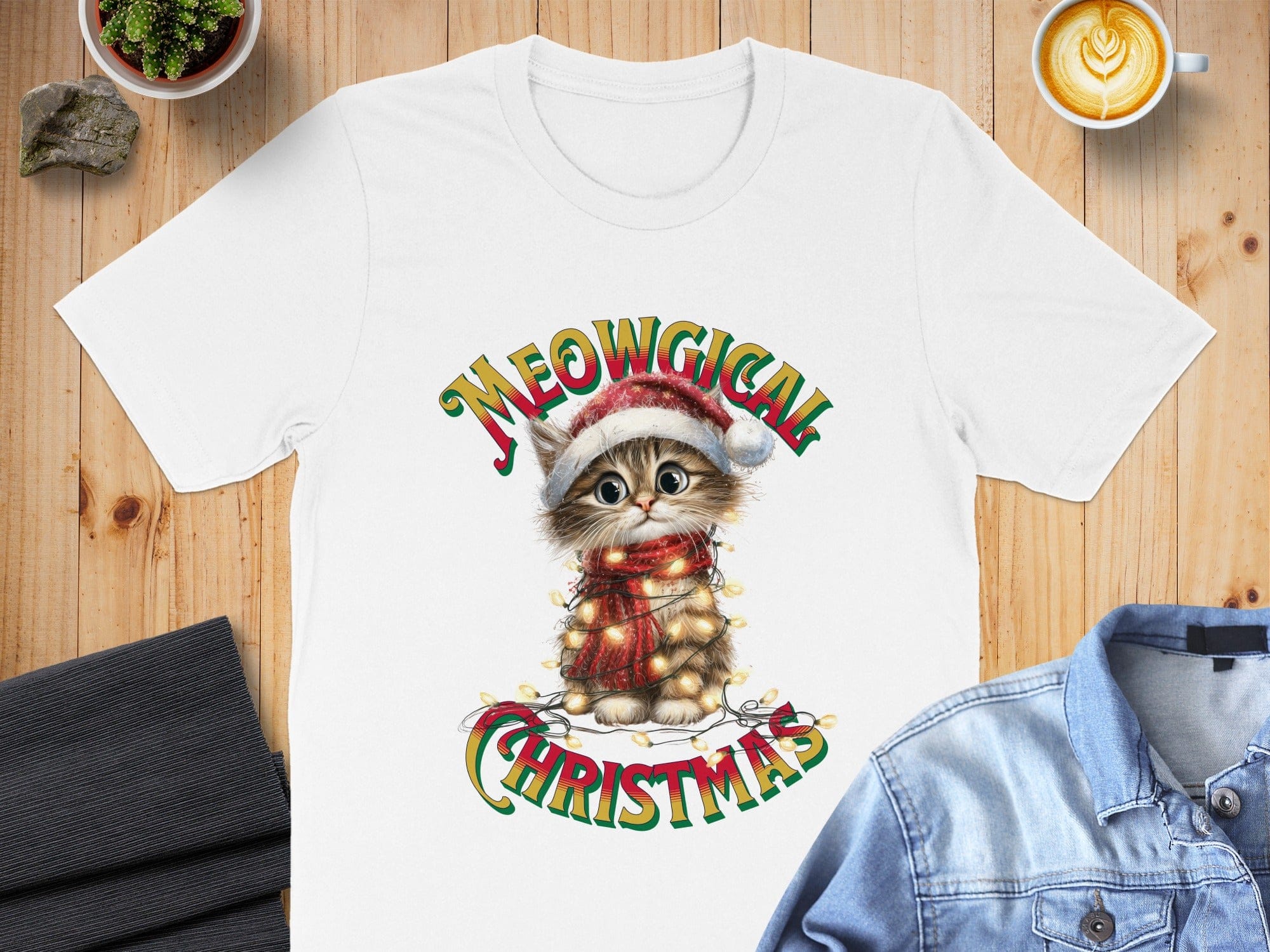 Meowgical Christmas Cat in Santa Hat T-shirt