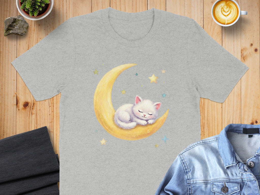 Cute Sleeping Kitten on Crescent Moon T-Shirt Design