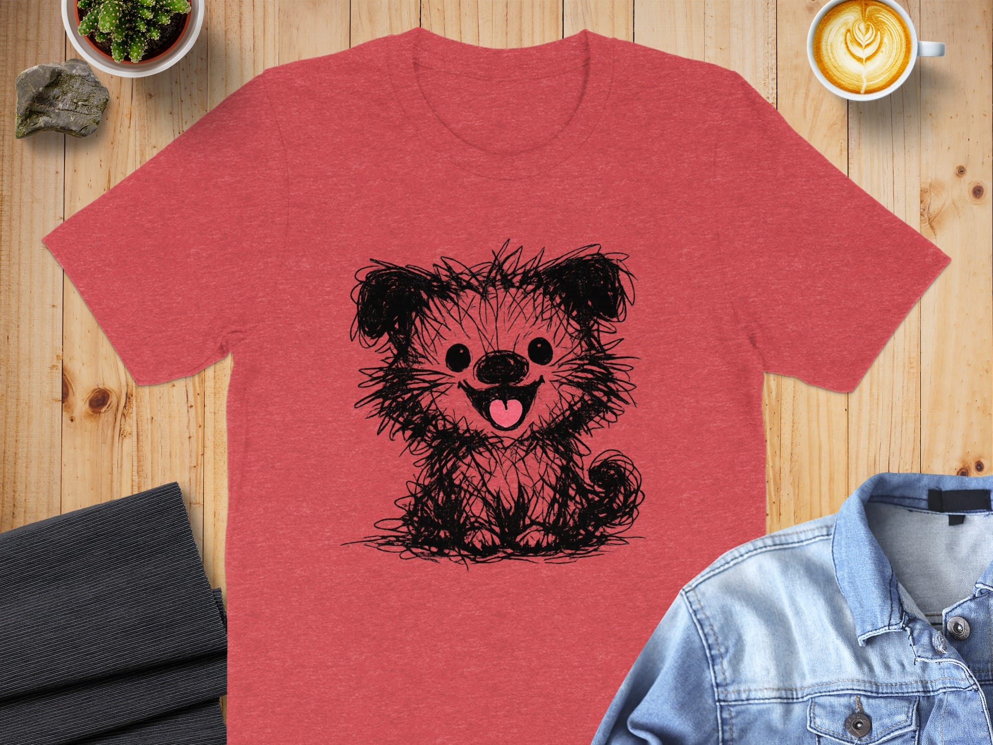 Cute Furry Dog Sketch Design on Red T-Shirt Product
