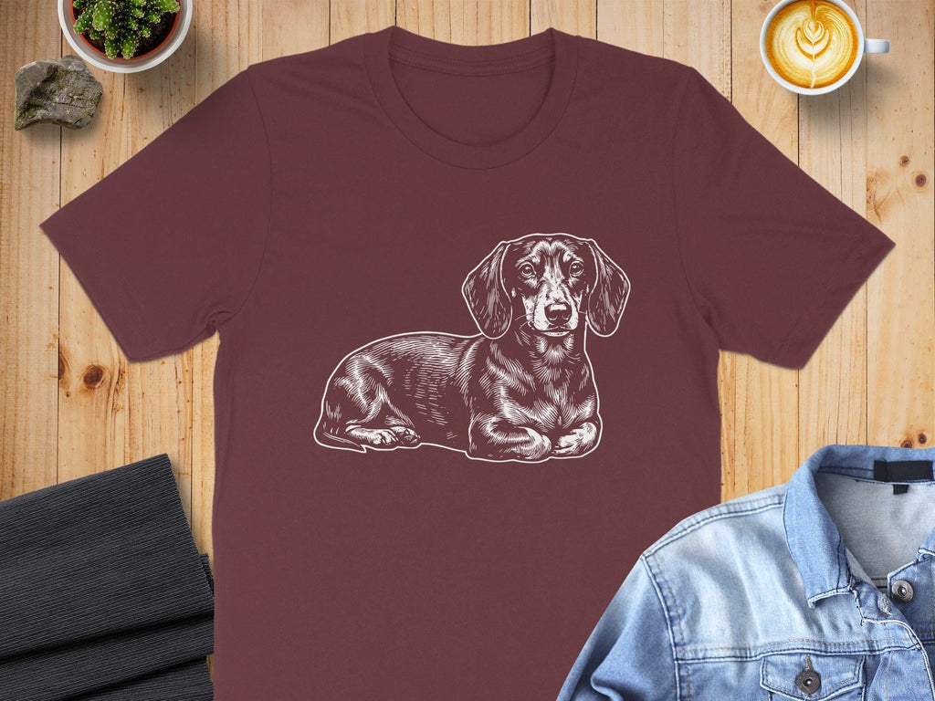 Dachshund Illustration Graphic Print on Burgundy T-Shirt
