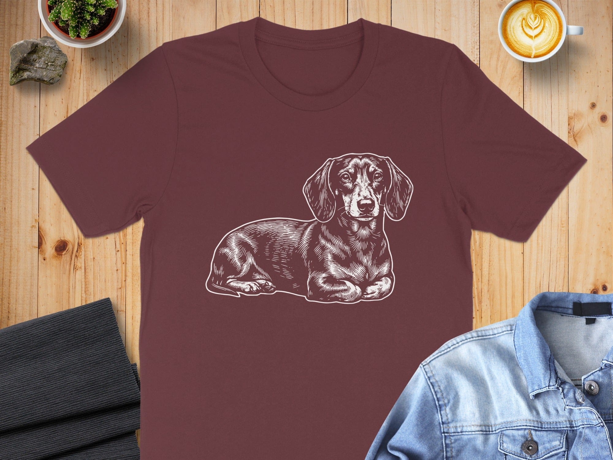 Dachshund Illustration Graphic Print on Burgundy T-Shirt
