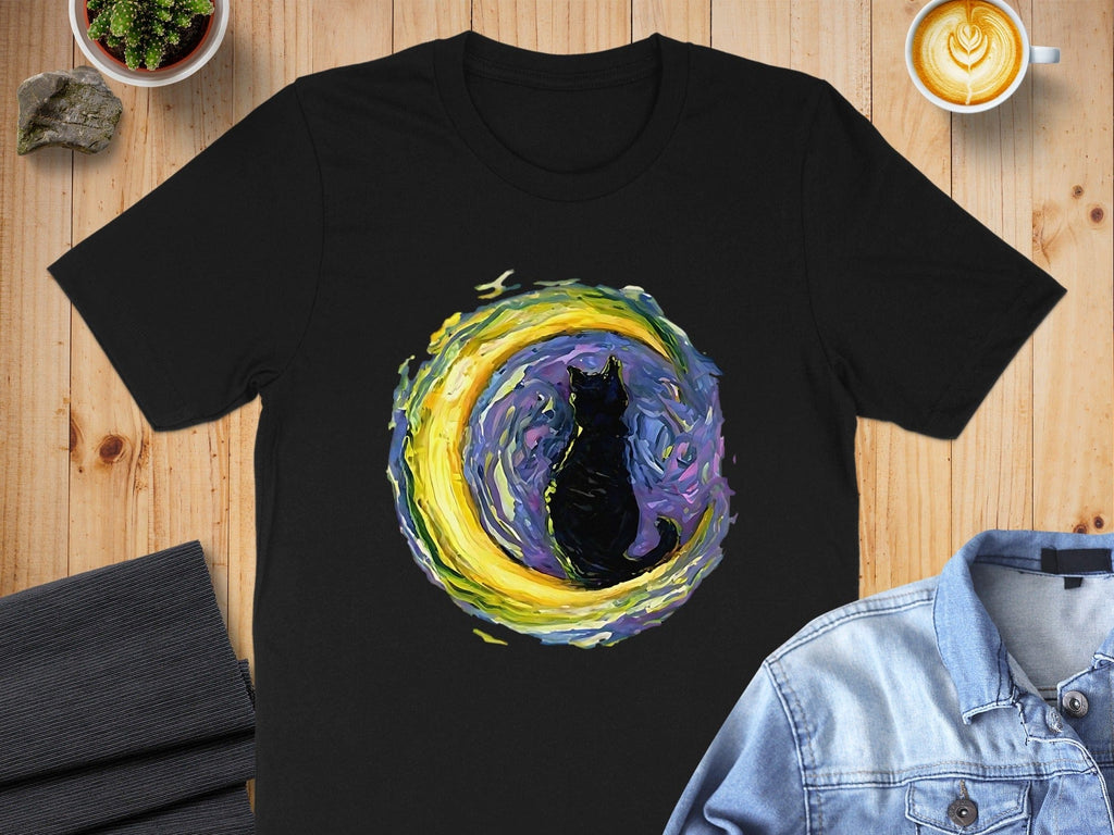 Colorful Cat and Moon Black Tee Shirt Artwork