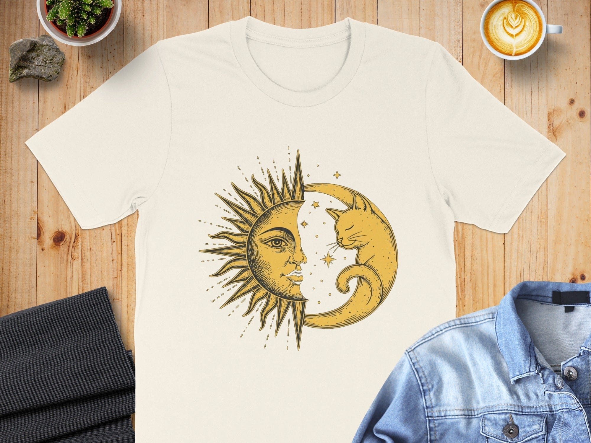 Sun Moon Cat Graphic Tee for Casual Wear Product