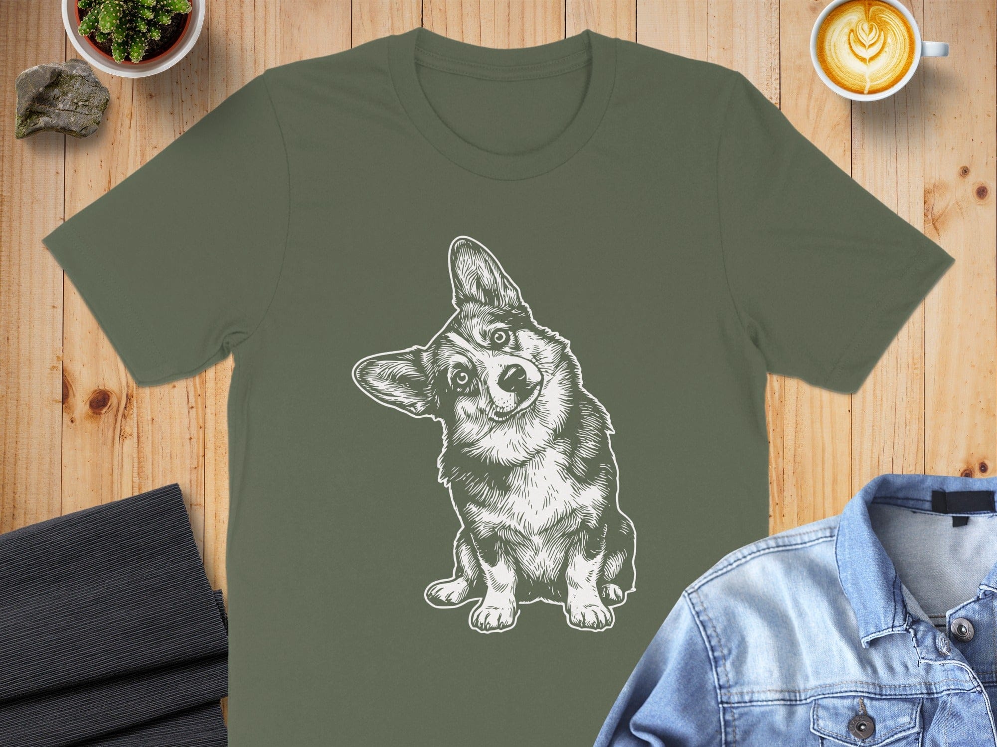 Adorable Corgi Illustration on Green T-Shirt