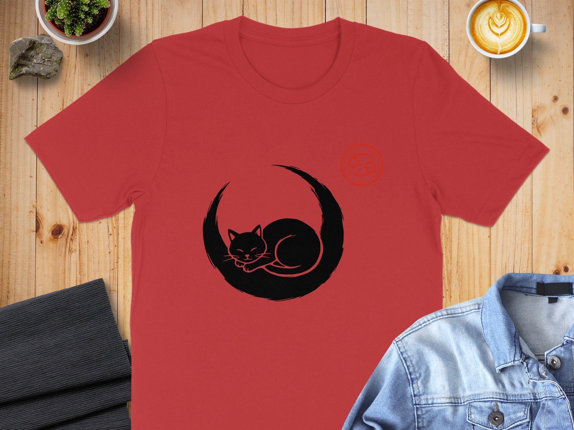 Sleepy Cat in Moon Design Red T-shirt