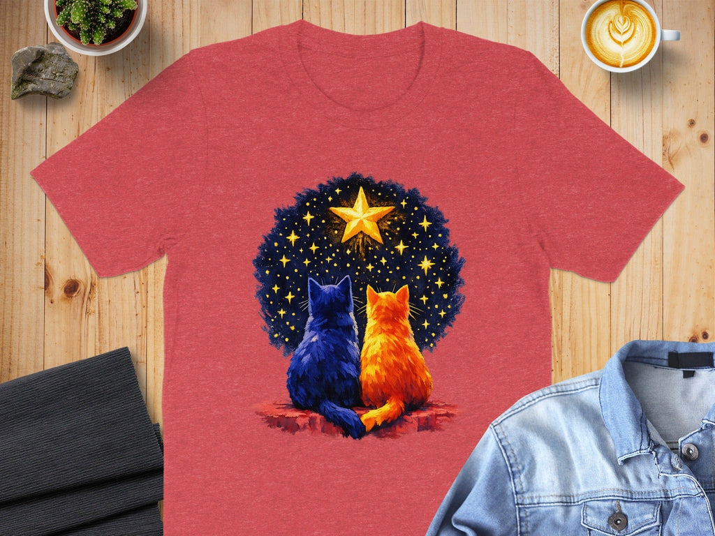 Two Cats Staring at Stars Graphic Tee Shirt for Cat Lovers
