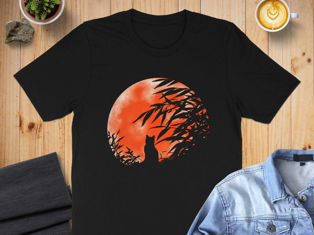 Cat Silhouette with Red Moon Graphic T-Shirt