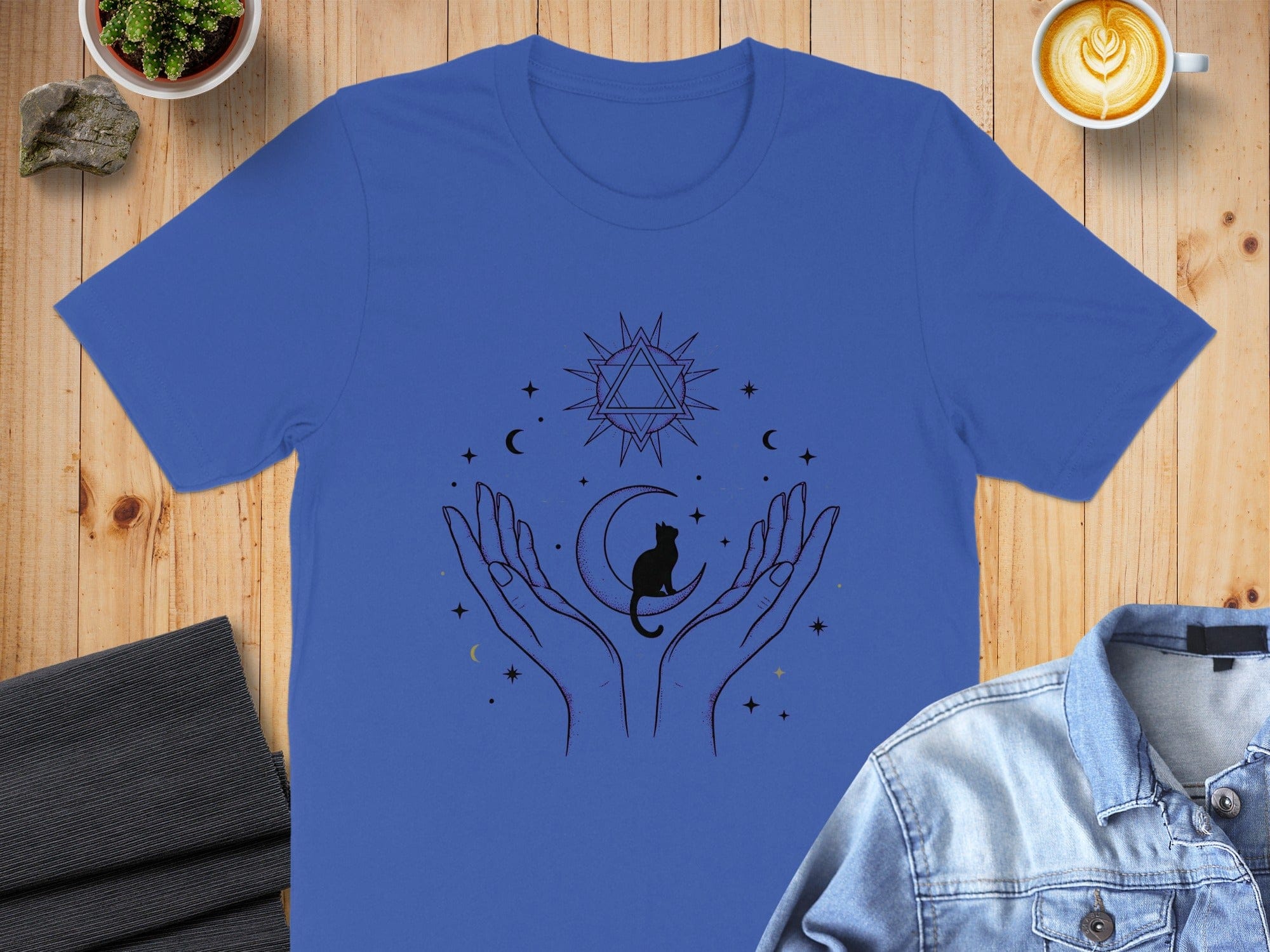 Mystical Hand and Cat Cosmic Design T-Shirt