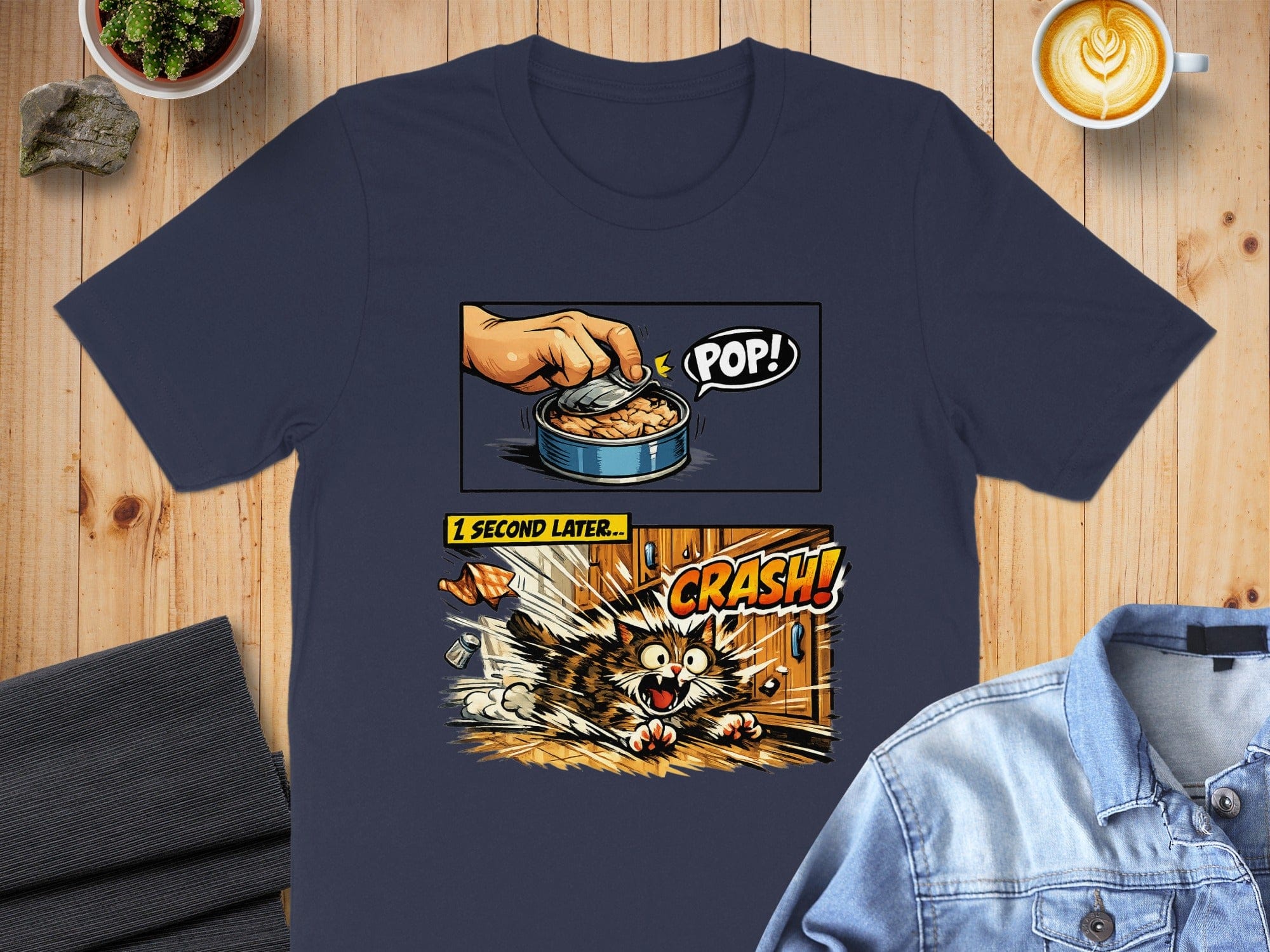 Funny Cat Comic Pop Crash Graphic Tee Shirt