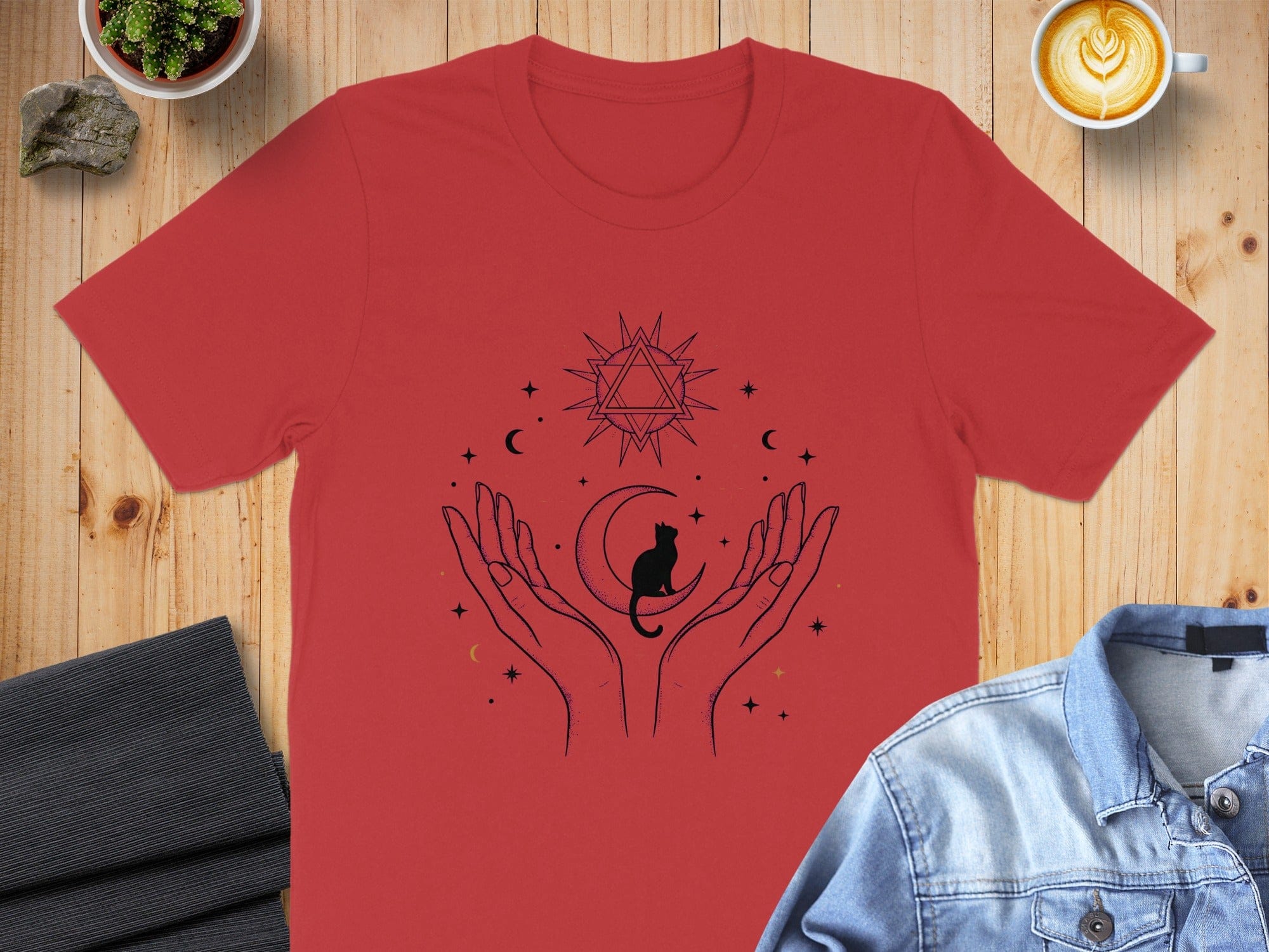 Mystical Handcrafted Cat Design in Celestial Style Shirt