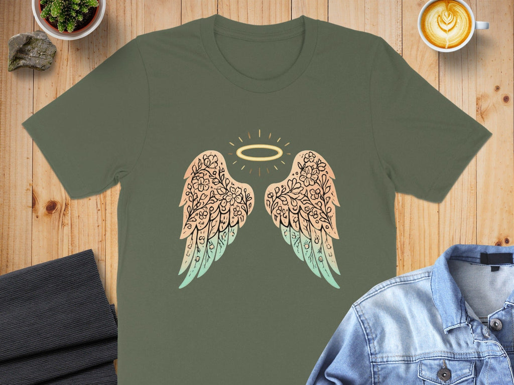 Angel Wings Graphic Tee with Halo Symbol Design
