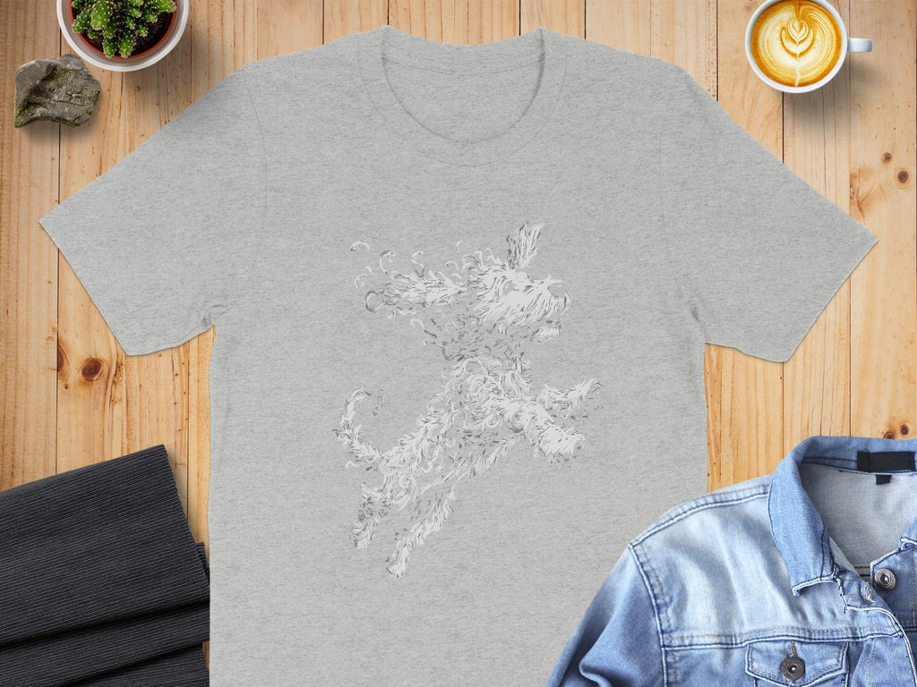 Playful White Dog Graphic on Light Gray Shirt Product