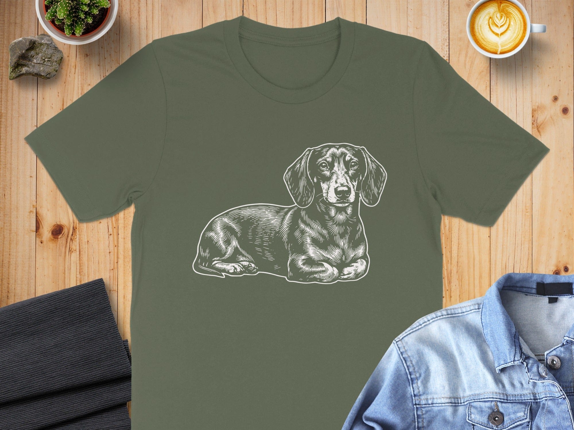 Dachshund Puppy Drawing Printed on Olive T-shirt