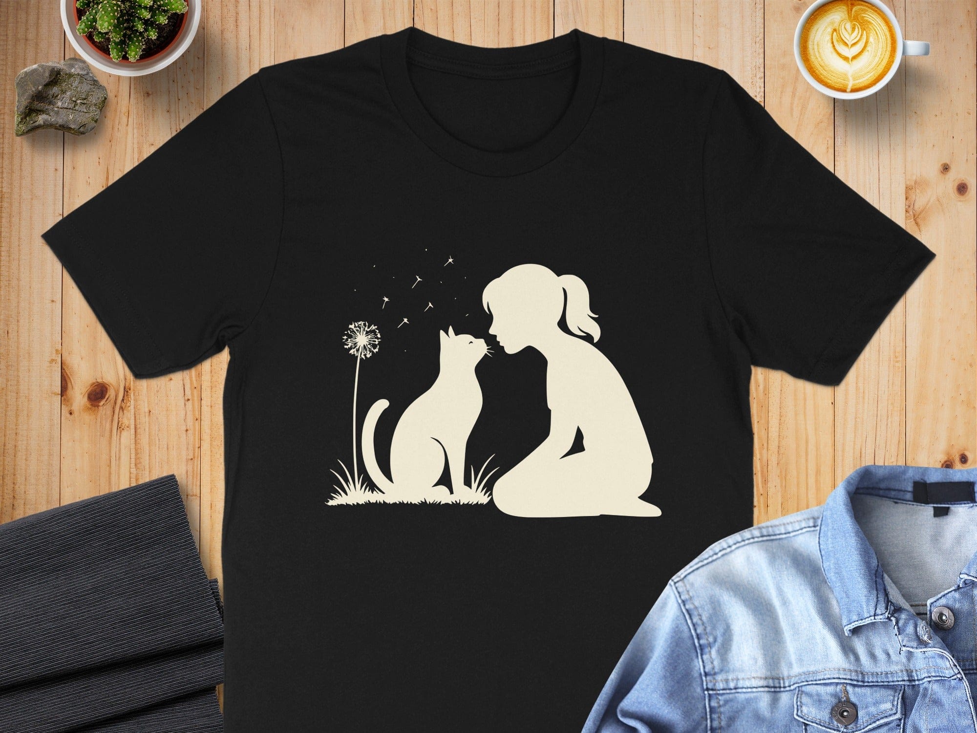 Whimsical Girl and Cat Silhouette Illustration Shirt