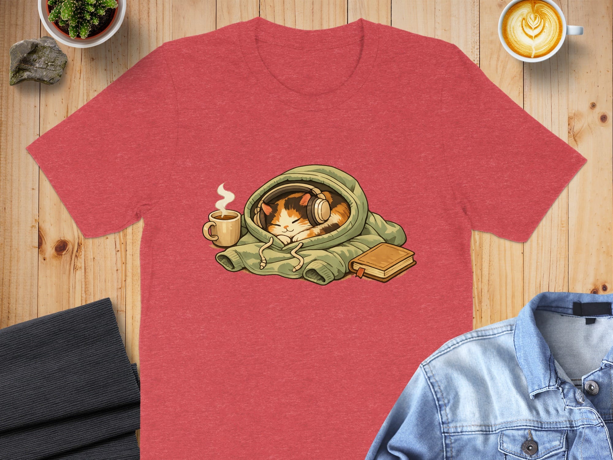 Cozy Cat with Coffee and Book Graphic T-Shirt