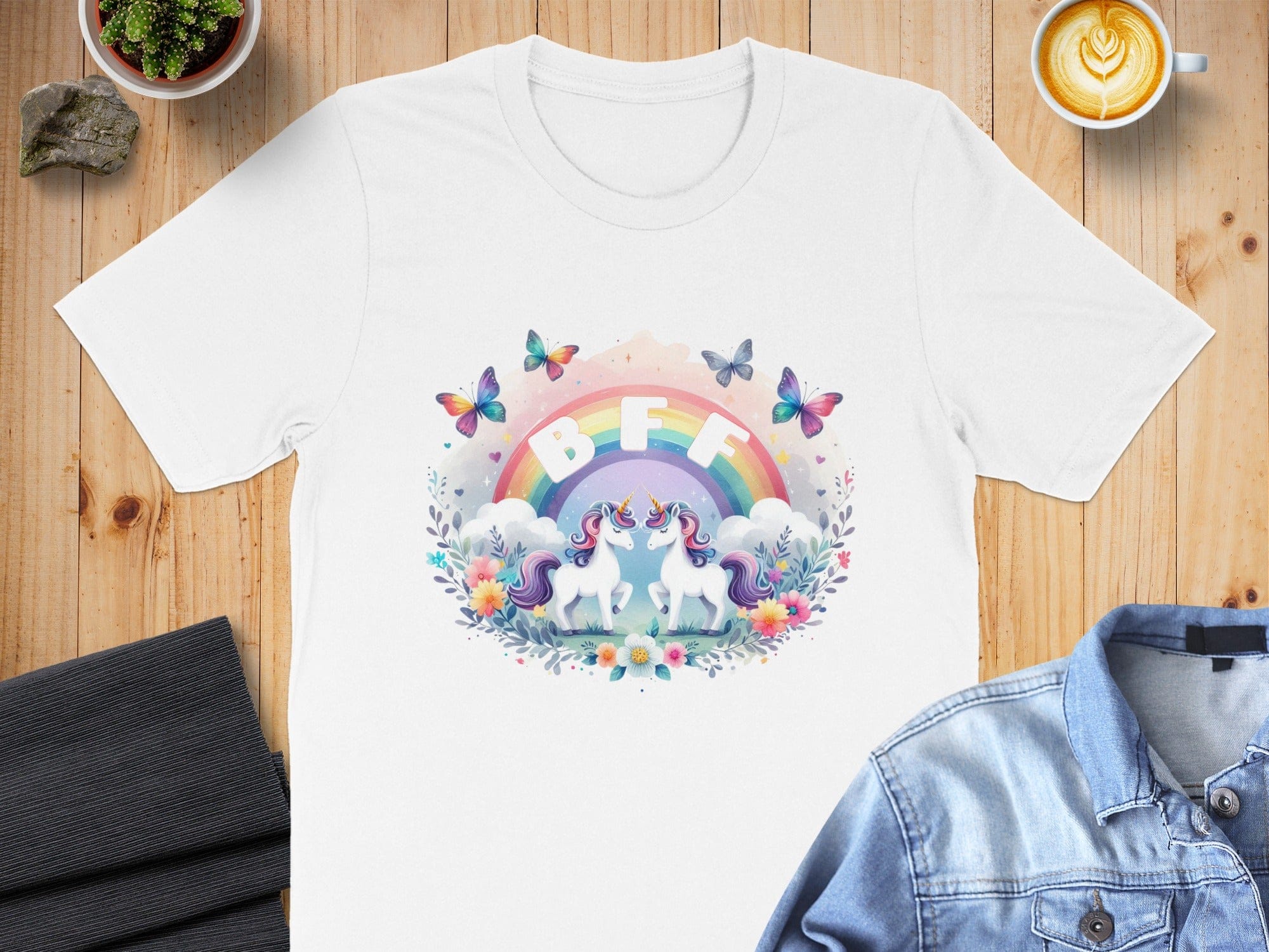 BFF Unicorns Rainbow Butterflies Graphic Design T-shirt