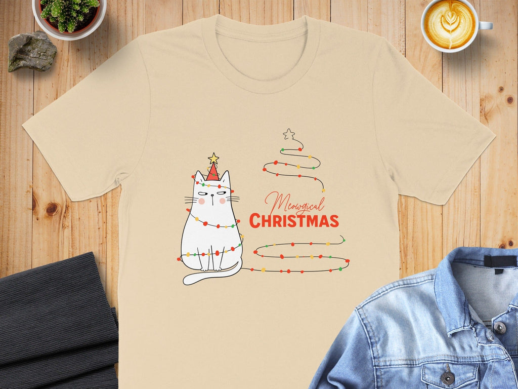 Magical Christmas Cat Light String Design Shirt