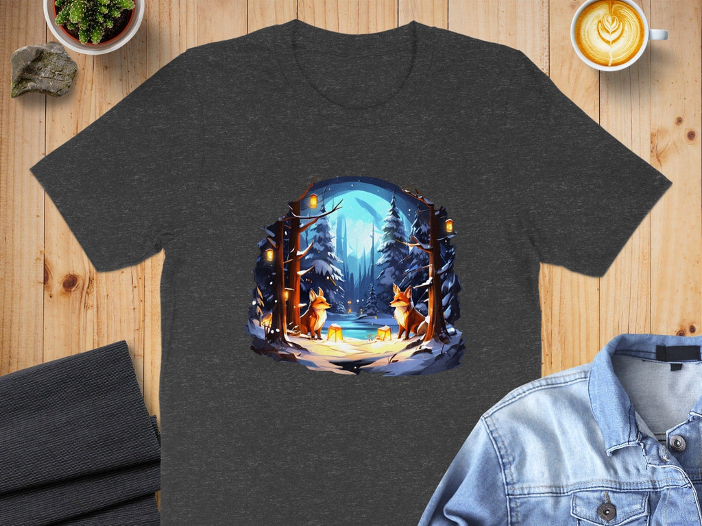 Cozy Forest Campfire Scene on Dark Grey Shirt