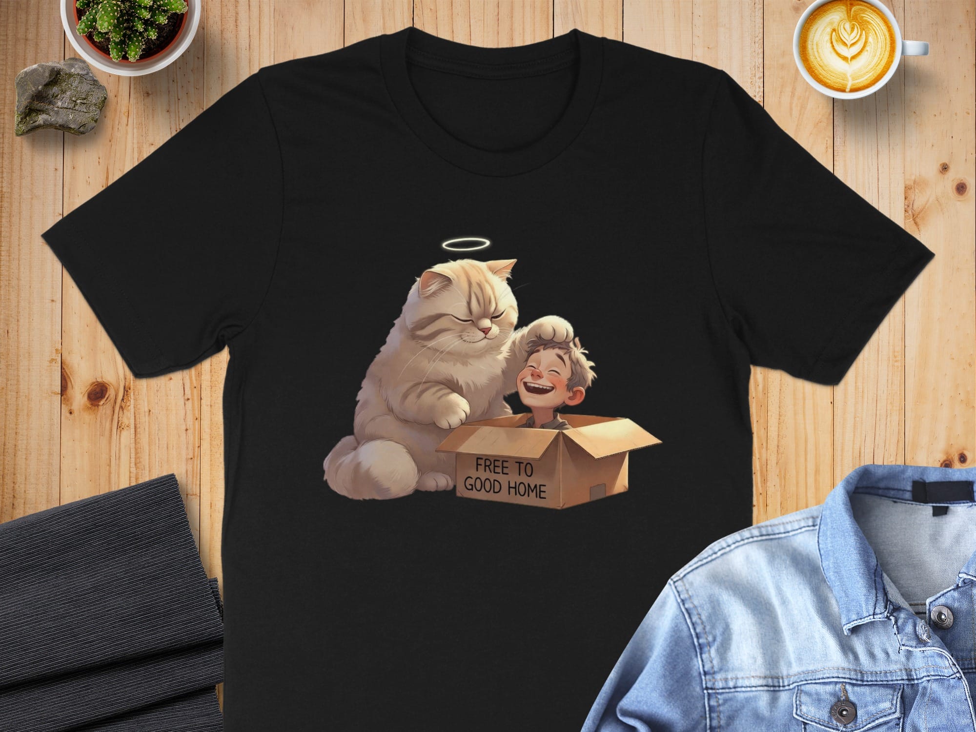 Cute Cat and Happy Child in Box Graphic Tee Shirt