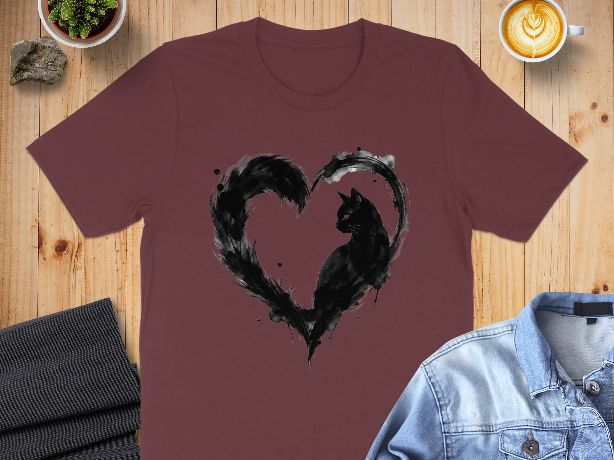 Heart Shaped Black Cat Graphic Design T-shirt