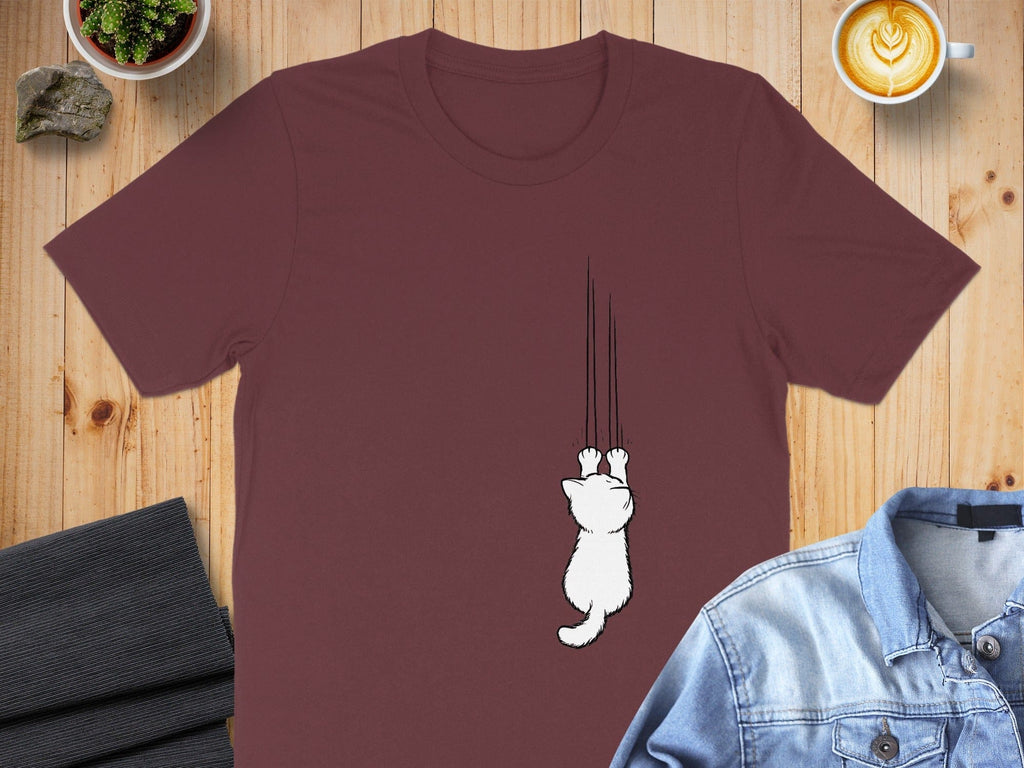Cute Cat Climbing Graphic on Red Short Sleeve Shirt